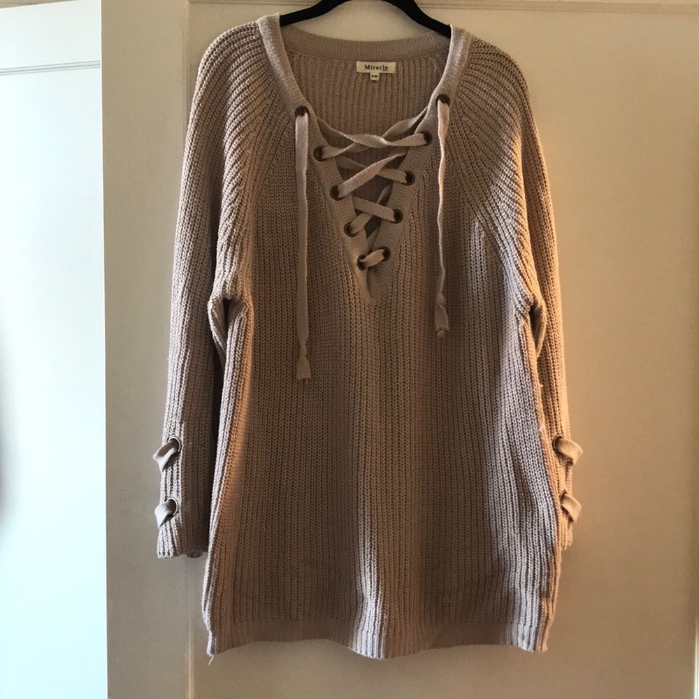 BLUSH LACE UP TUNIC SWEATER